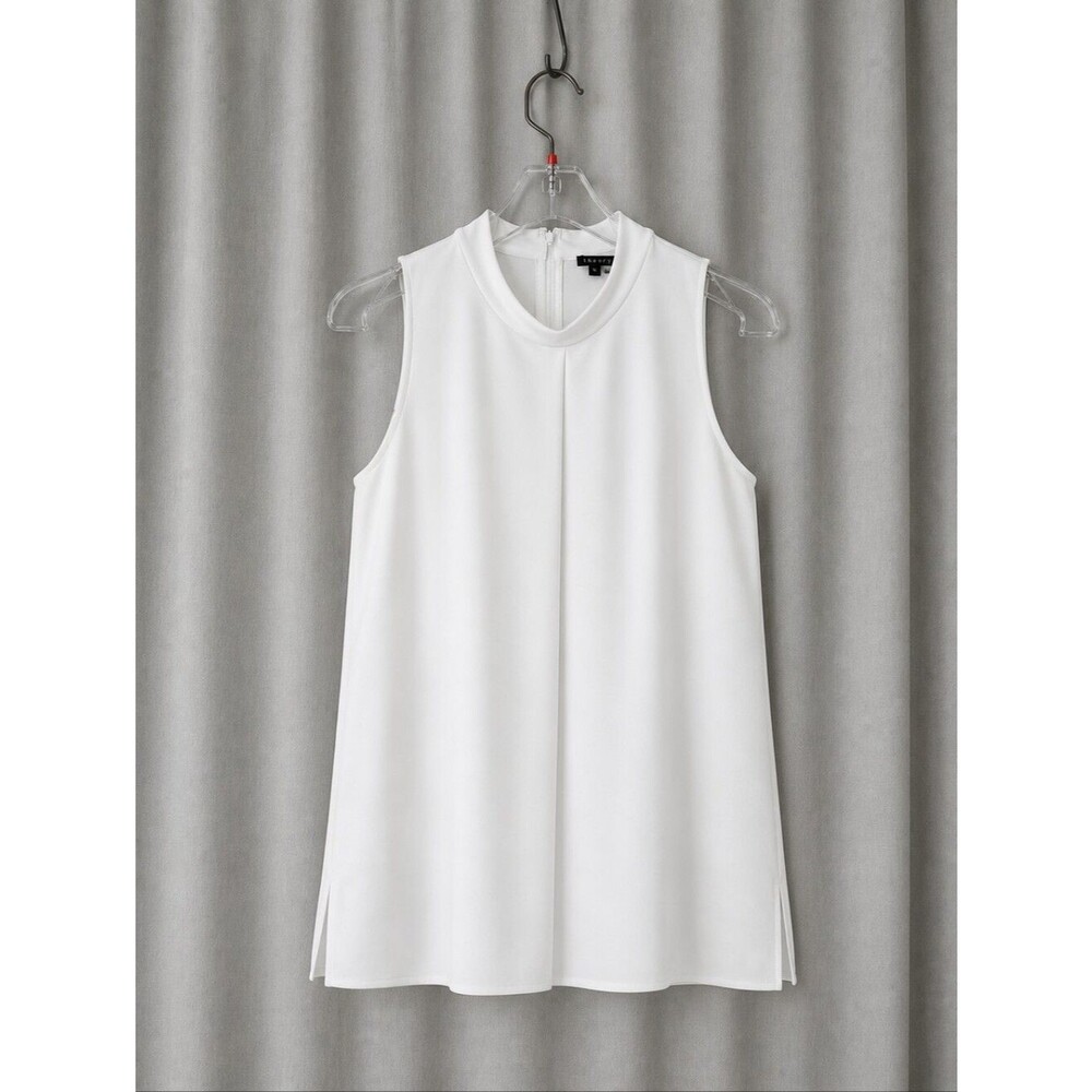 Theory Talniza Admiral Crepe Optic White Sleeveless Mock Neck Career Chic Blouse